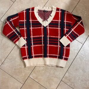 Cache Plaid V-Neck Sweater Distressed wool medium